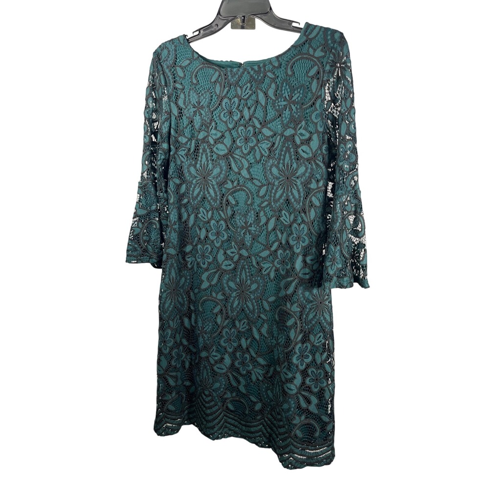 Sharagano Teal Lace Bell Sleeve Sheath Dress Size 10